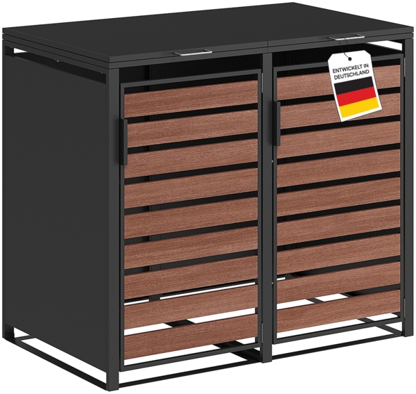 STEELSØN 'Kestra' Mülltonnenbox für 2 Tonnen je 240 Liter, graphitschwarz mit Nußbaum-Holzoptik, Mülltonnenverkleidung aus Stahl, wetterfest, 116x80x134 cm