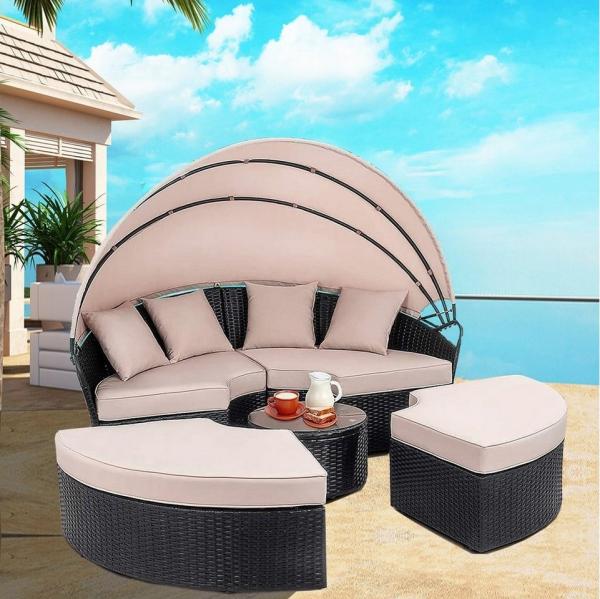 Melko Gartenlounge-Set Polyrattan Sonneninsel Tisch & Kissen 180CM Strandkorb Set, (Stück), Wasserabweisend