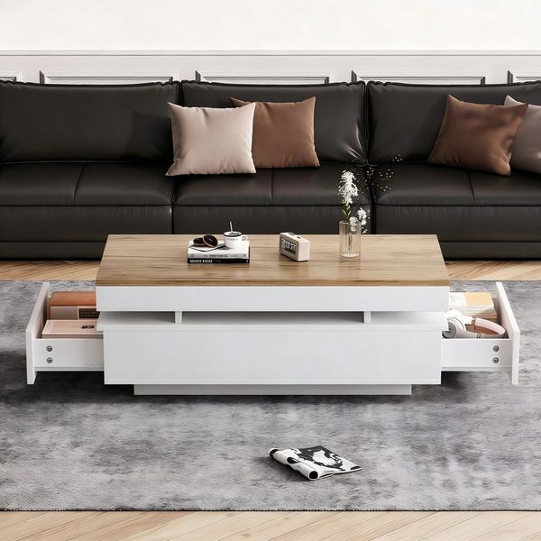 MODFU Couchtisch Hochglänzender Beistelltisch mit atmosphärischer LED (Packung, 1-St, Ideal als stylischer Teetisch oder funktionaler Sofatisch), In Weiß/Holzton, 100x50x35 cm, inkl. 2 Schubladen