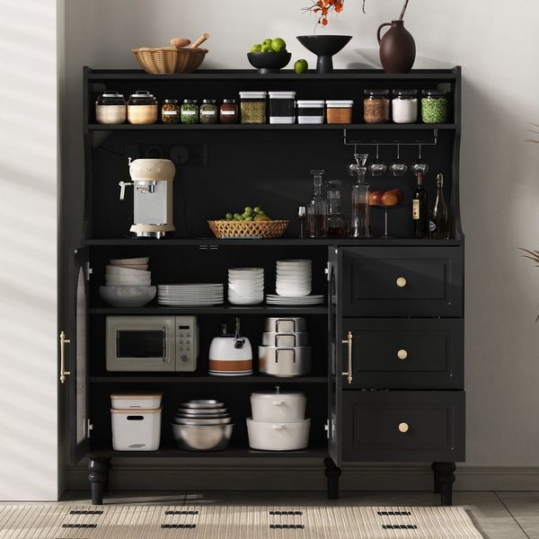 Flieks Küchenbuffet mit Steckdosen, Gläserhalter, Schubladen und Glastüren (120x40x138,5 cm, 1-St, Arbeitsplatte mit USB- und Typ-C-Anschlüssen, Beine aus Massivholz) Hochschrank Küchenschrank Geschirrschrank mit verstellbarer Ablagen