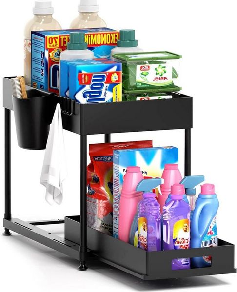 Refined Living Ablageregal Waschbecken Regal, Küchenschrank Organizer, Spülschrankregal Organizer, Lagerregal mit 2 Ebenen, mit Schiebeschublade, 4 Haken und 1 TassenSpülschrank Organizer, 1-tlg, Unter Waschbecken Regal,Arbeitsplatte Regal mit Schiebes...