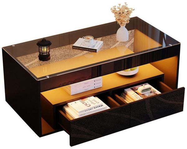 KLAM HOME Couchtisch Moderner Couchtisch mit 16-Farben LED-Beleuchtung (Eleganter Wohnzimmertisch mit großzügigem Stauraum), Praktischer Glas-Sofatisch mit Schubladen und Beleuchtungssteuerung