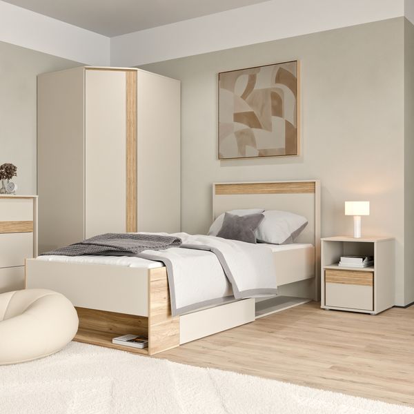 Forte WEXLIN Bettgestell, Liegefläche 90 x 200 cm, modernes Bett mit Schublade und Regal, Kinder- und Jugendzimmer, Kaschmir|Beige|Mauvella Eiche Holzdekor, 100 cm breit x 96,3 cm hoch x 210,8 cm tief