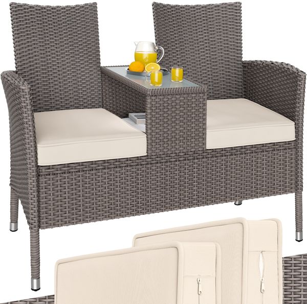 Casaria Gartenbank Poly Rattan Tisch inkl. 7cm Auflagen Creme