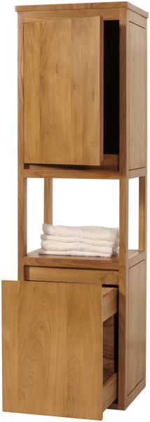 Teak-Hochschrank HWC-M71, Badschrank Badregal Badezimmer, hochwertiges B-Grade-Teak (Kernholz, 20-30 Jahre), 141x41x36cm
