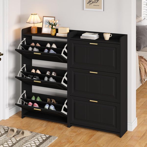 Ball & Cast 2er-Set 3-Klappen-Schuhkipper mit 6 verstellbaren Fächern - Schuhschrank für Eingänge & Flur, 70×24×120 cm, Schwarz