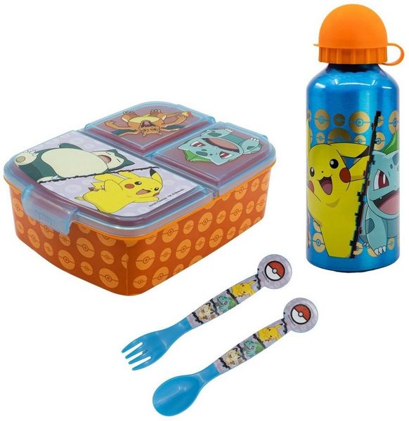 POKÉMON Lunchbox Pokemon Pikachu Kinder 4 tlg. Lunch Set, Kunststoff Aluminium, (4-tlg, Spar-Set), 3 Kammern Brotdose Gabel Löffel Alu-Flasche