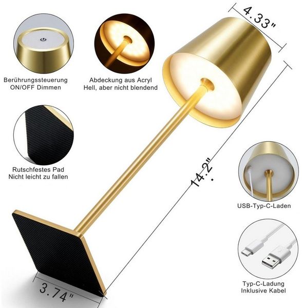 Vivitar LED Tischleuchte Kabellose dimmbare Tischlampe mit 5200-mAh-Akku, Aluminium-Design, 3 Farbtemperaturen, Touch-Steuerung, USB-C-Ladeanschluss