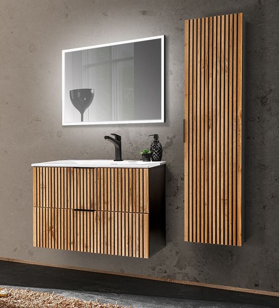 Badezimmer Set mit Waschtisch 81 cm, Hochschrank, LED Spiegel XANTEN-56 in anthrazit mit Eiche Nb. schwarz gerillt, B/H/T: ca. 130/200/46 cm