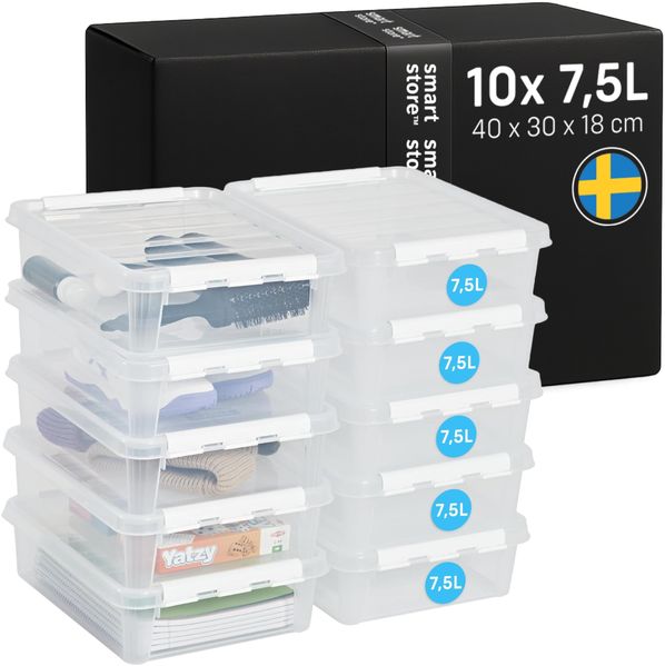 SmartStore - 10x Aufbewahrungsbox mit Deckel Classic 7,5L (40 x 30 x 11 cm) | Stapelbare Box mit Deckel | Lebensmittelechte Kunststoffbox | Plastikbox mit Deckel & verstärkten Ecken | 10 Jahre Garantie