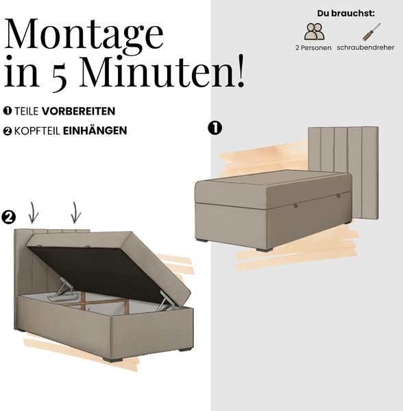 Boxspringbett TILIANO 90x200 Cord inkl. Bettkasten, Einzelbett 7-Zonen Multipocket-Matratze & Topper, Modernes Design mit hohem Kopfteil - Schwarz Cordstoff - H4 - Topper T25 Bild 10