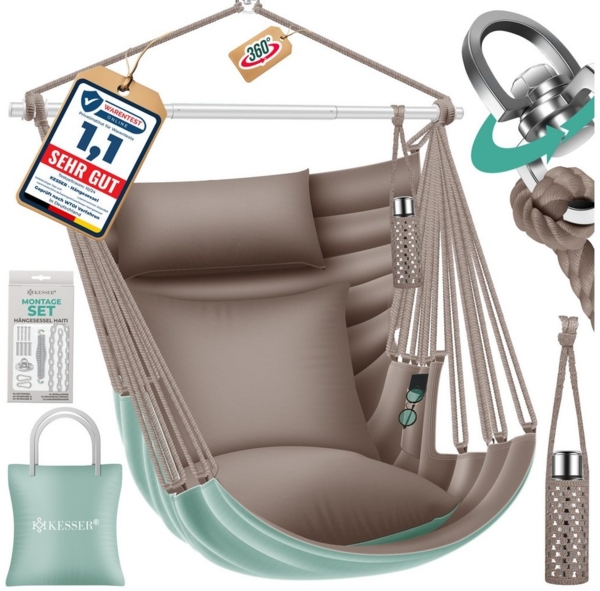 KESSER® 'Haiti' Hängesessel, 360° drehbar, UV-beständig & wasserfest, inkl. 2 Kissen, Tragetasche, Flaschenhalter & Montage-Set, grün/taupe, bis 150 kg belastbar