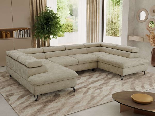 MKS Möbel 'Pablo U-Form' Wohnlandschaft mit Bettkasten, Beige, Schenille glatt, Visco Topper