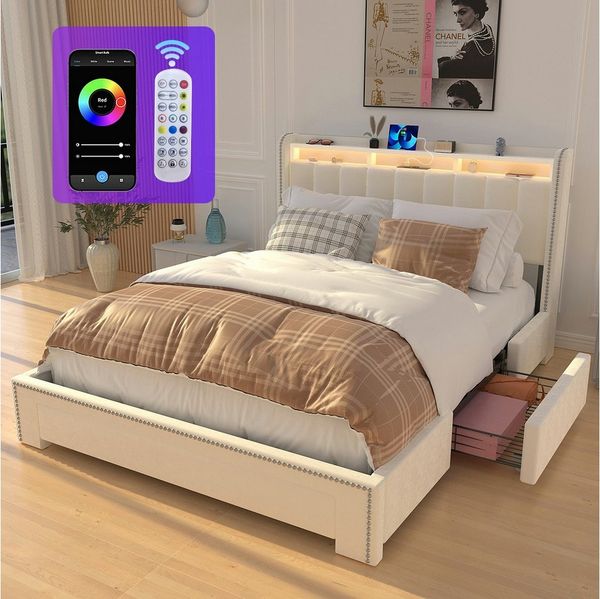 oyajia Polsterbett LED-Beleuchtung Doppelbett 90 cm x 200 cm mit Ladefunktion und 3 Schubladen (Mit Lattenrost und Ladefunktion, Samt materia Polsterbett), Funktionsbett Stauraumbetten Jugendbett Bettgestell Leises Design Bett