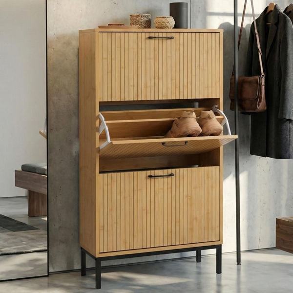 Schuhkipper HWC-P48, Schuhregal Schuhschrank, 3 Kippfächer Ablage MDF Melamin 125x60x25cm ~ Bambus-Optik