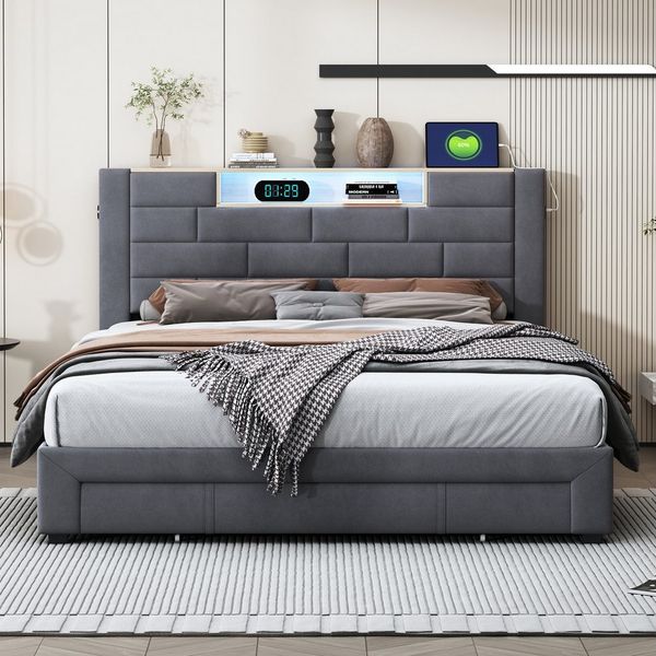 ADWOLT Stauraumbett Polsterbett mit LED-Beleuchtung und 3 Schublade, Doppelbett 160x200cm,Jugendbett mit USB und Type-C,Samt,Grau