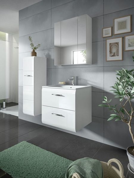 furnling Badezimmer-Set Ivy, (2-St, Spiegelschrank, Waschbeckenunterschrank inkl. Waschbecken), Badmöbel, Badezimmermöbel, Hochglanz Front, Breite 60 cm, weiß