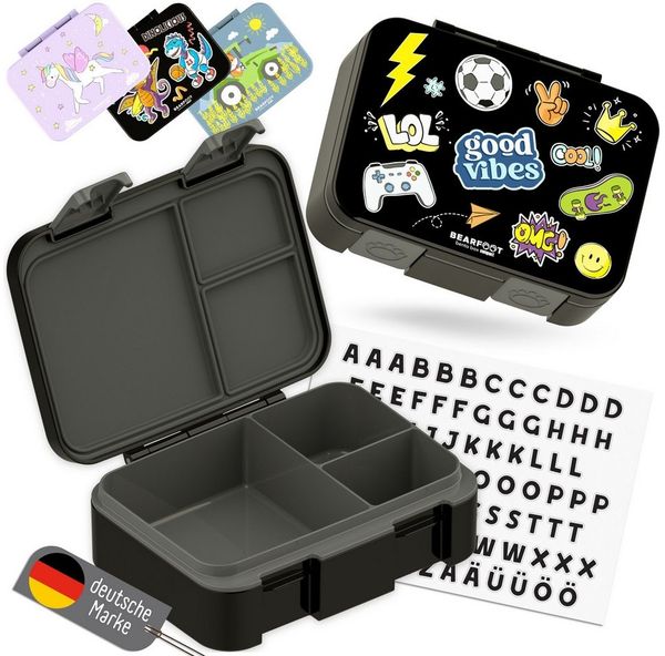BEARFOOT Lunchbox Brotdose mit Fächern, leicht & auslaufsicher - Sticker schwarz, PP, ABS, Silikon, Kindergarten und Schule - Mädchen und Jungen, Vesperbox, Snackbox
