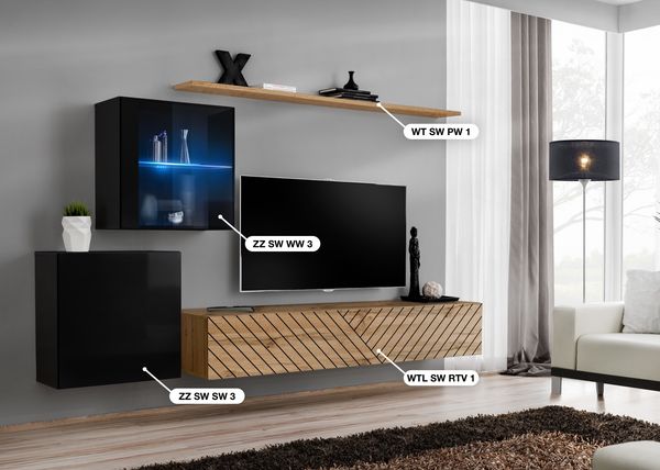 Wohnwand Switch Lamel, Korpus: Schwarz, Wotan / Front: Schwarz hochglanz PVC, Wotan PVC (gerillt)