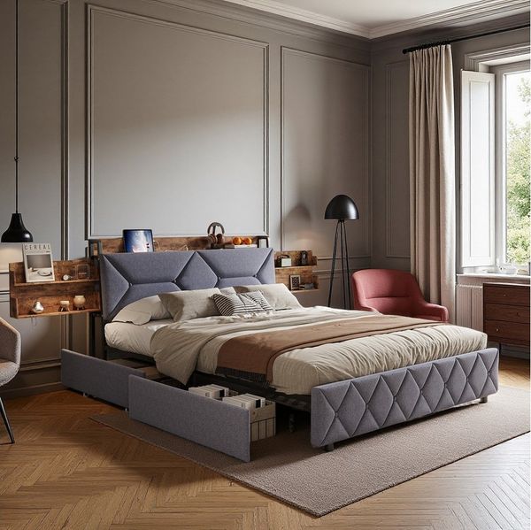 Gdood Polsterbett Stauraumbett Doppelbett Mit Ladestation (1-tlg, Mit Vier extra große Schubladen), Mit Verstecktes Lagerregal, USB + TYPE-C, Leinen, 160x200 cm