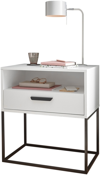 Nachtkommode >CUDRO< 1 Schublade, 1 Fach, Weiß / schwarz - 60 x 65 x 38,5 cm (BxHxT)