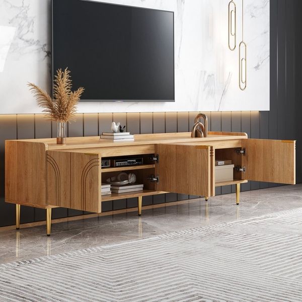 Merax Lowboard mit 3D-Türdesign (Fernsehschrank, 1 St, Stilvoller Stauraum für Wohnzimmer, Entertainmentbereich & mehr), TV-Schrank mit goldenen Griffen & Metallfüßen, 170x35x47.5 cm