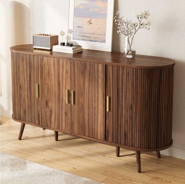BlingBin Sideboard Kommode Buffetschrank Rillenoptik mit Lamellen-Schiebetüren (1 St, mit 4 Türen,verstellbarem Einlegeboden, Metallgriffen,150 x 40 x 79 cm), Skandinavischer Stil in Holzoptik,für Wohnzimmer Schlafzimmer Flur