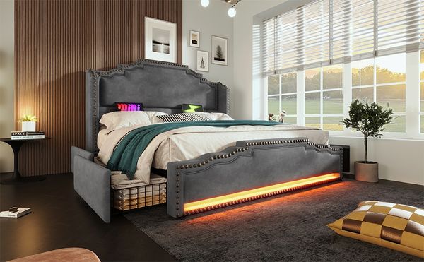 Polsterbett 140x200 cm, Samt Grau im Vintage-Ohrendesign mit LED, USB‑C und 4 Schubladen,Grau