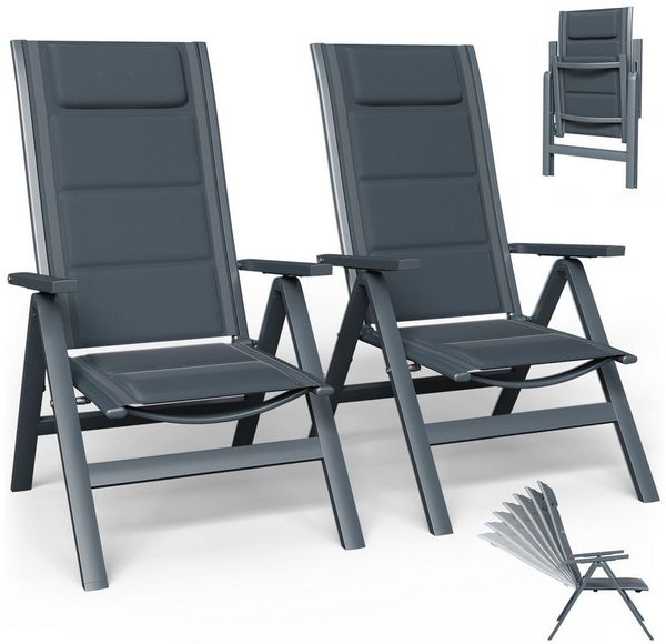 Furnicopia Gartenstuhl Gartenstühle Faltbarer Liegesessel Hochlehner Alu 7-fach verstellbar (Set, 2 St), Bis 120 kg, Stabile Gartenstühle mit Rückenlehne & Armlehnen