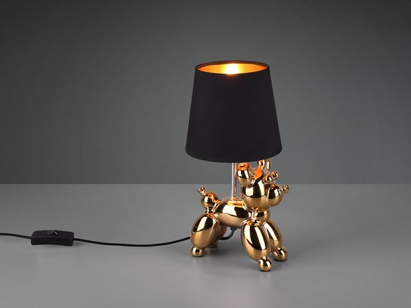 Coole Tischleuchte BELLO Keramik Hund Gold mit Stoffschirm in Schwarz, Höhe 33cm