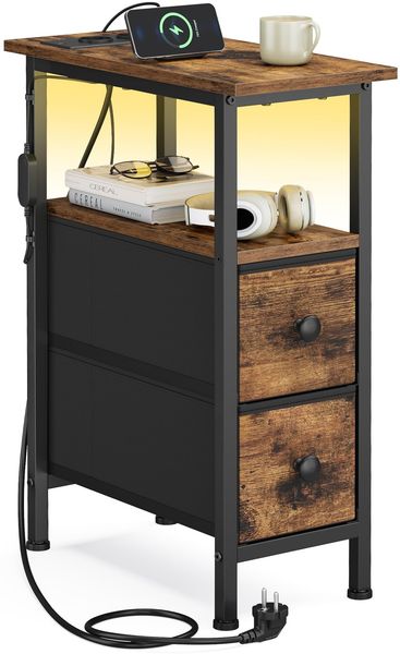 SONGMICS BELLAH Kollektion - Beistelltisch, Nachttisch mit Steckdosenleiste, Sofatisch mit LED-Beleuchtung, 2 Schubladen, Nachtschrank, Wohnzimmer, Schlafzimmer, vintagebraun LGS002K102