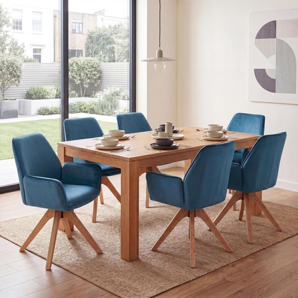6er-Set Esszimmerstuhl HWC-G67, Esstischstuhl Küchenstuhl mit Armlehne, drehbar Holz Samt 320 g/m² MVG ~ türkis-blau