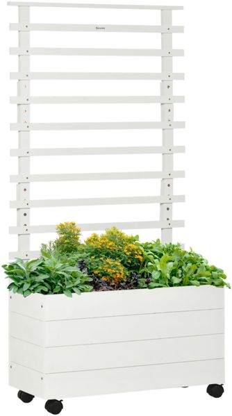 Flieks Blumenkasten mit Rankgitter & Rollen aus Naturholz, Hochbeet für Kletterpflanzen, 76 x 30 x 155cm, Weiß