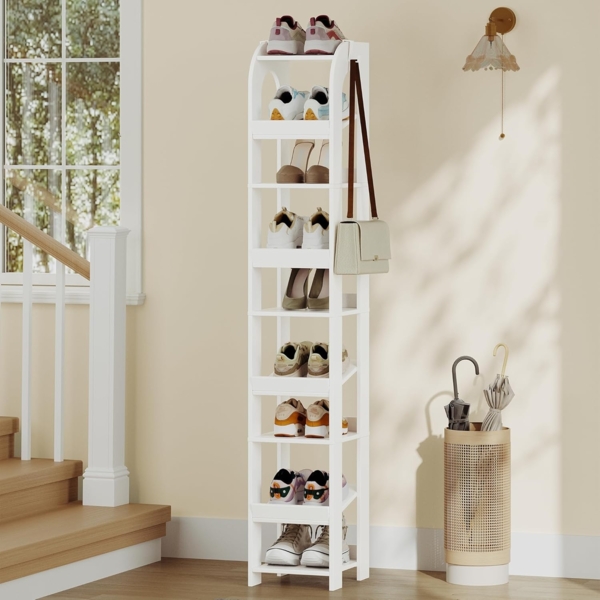 Vertikales Schuhregal, 9 Ebenen Schmale Schuhregale, Holz-Schuh-Organizer für Schrank, Eingang, Schuhturm für Kleine Räume, Freistehend, Verstellbar, mit Haken, Weiß