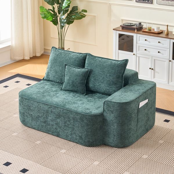 2-Sitzer Sofa, ohne Montage weiches Sofa mit Kissen und Seitentaschen, Stoff, Grün, —