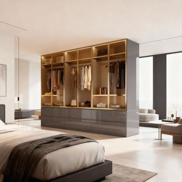 Palms-Store Kleiderschrank Luxemburg 6-Türig Glastüren mit goldfarbenen Glasrahmen (Spar-Set) Breite: 300 cm, Tiefe: 62 cm, Höhe: 218 cm, inkl. Zubehör