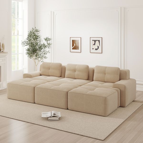 3-Sitzer Sofa 293x177x69 cm aus Cordstoff rahmenlos modular mit 3 Hockern, beige