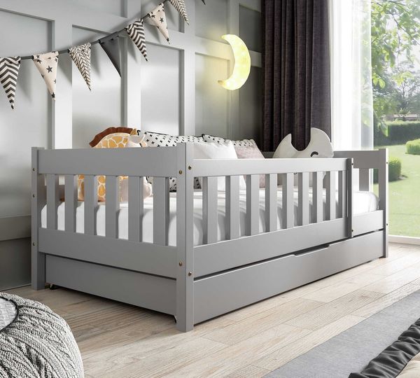 Jerpax Kinderbett mit Matratze und Schublade Holzbett, Einzelbett für Kinder ZOSIA, Grau, 80x190 cm