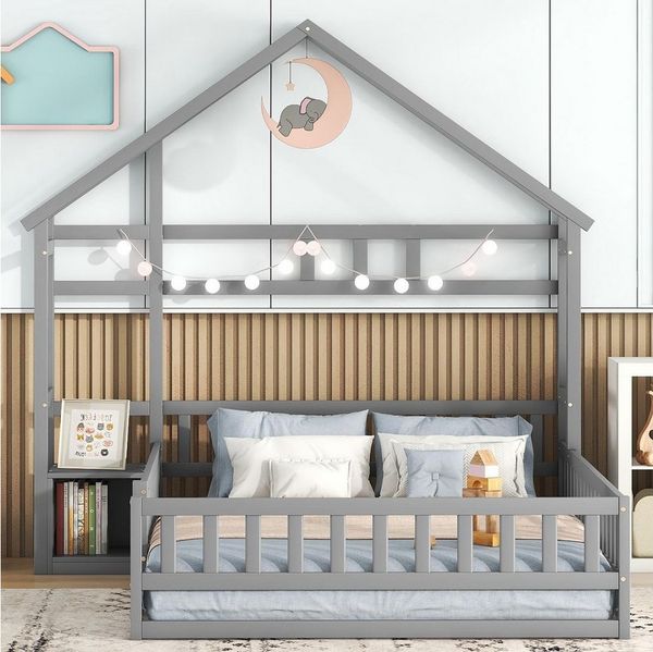 TavilaEcon Hausbett Kinderbett Doppelbett Holzbett Flachbett mit Geländer und Nachttischen, Grau, 140 x 200cm
