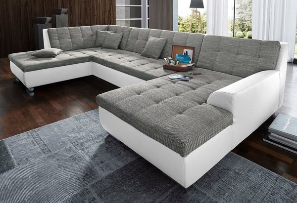 DOMO collection Wohnlandschaft Treviso incl. Zierkissen, moderne Steppung, XXL: B/T/H: 364/201/83 cm, wahlweise mit Bettfunktion, in vielen Bezugsarten auch in Cord U-Form