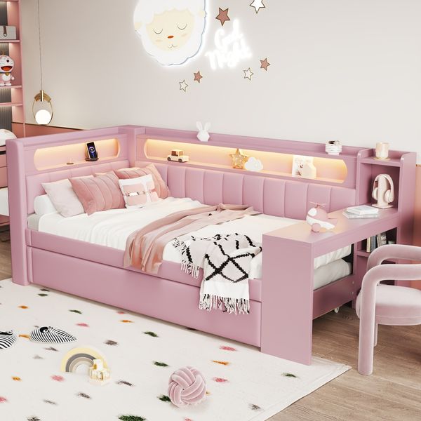Merax Einzelbett, Polsterbett, Daybett Gepolstertes 90x200 Tagesbett mit USB-Anschlüssen und LED-Gürtel, mit Ausziehbett und Schreibtisch, Rosa
