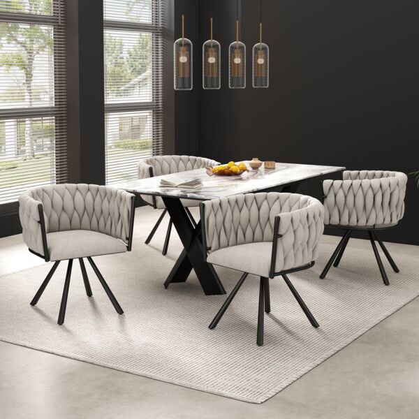 Merax Leinen-Esszimmerstuhl, 4er set, Schlafzimmer-Drehstuhl, Freizeit-Drehstuhl mit vier Stützbeinen aus Metall, Leinen beige und schwarz