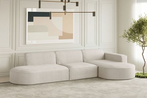 Ecksofa Designersofa PALMA in Stoff Scala Sand Ottomane Rechts