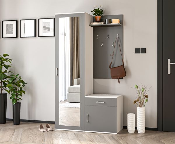 AX LIVING Garderobe mit Spiegel Magnola – 100 cm Breit, Weiß & Grau