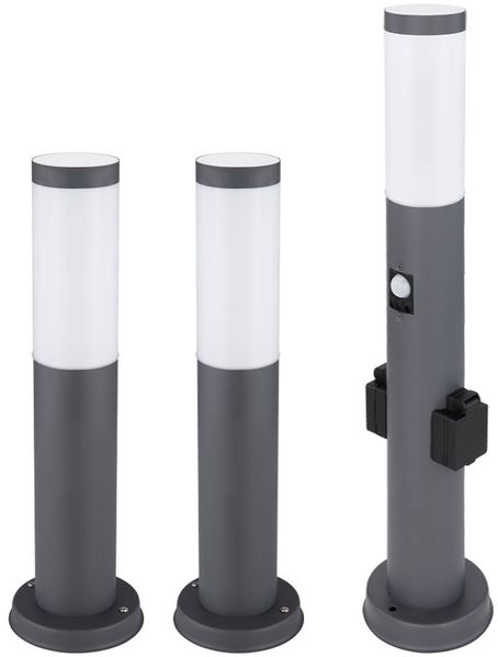 3er Set Sockelleuchte, Bewegungsmelder, 2x Steckdose, anthrazit H 60 cm