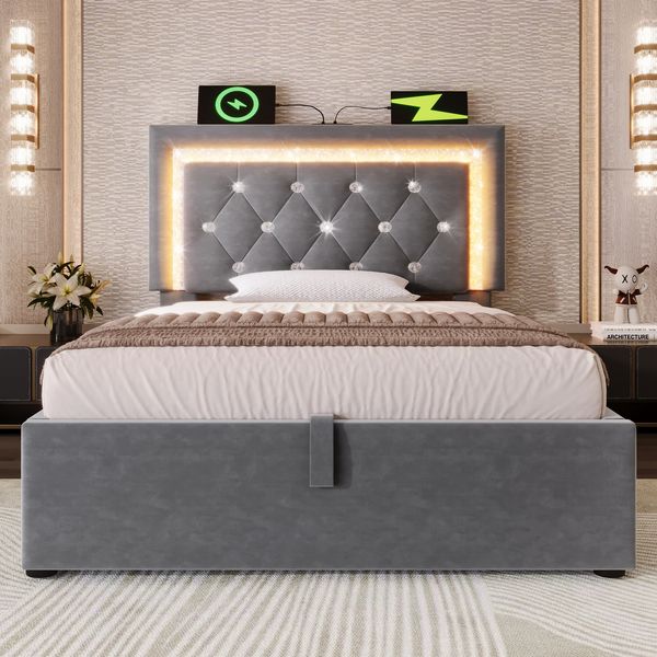 Polsterbett 90×200 cm aus Samt-Stoff mit LED-Beleuchtung und USB-Typ-C-Ladestation, grau