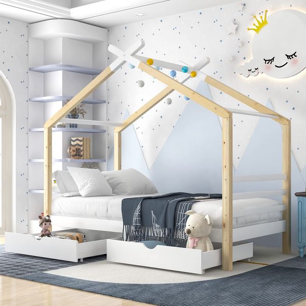 HESHU Kinderbett Hausbett 90x200 cm, Bettgestell mit 2 Schubladen, Bett für Jungen und Mädchen, Massivholzbett mit Rausfallschutz und Lattenrost, ohne Matratze, Weiß+Natur