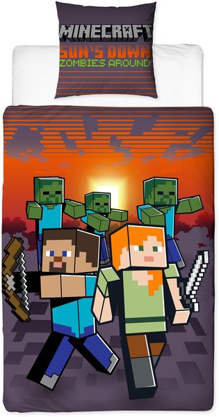 BERONAGE Kinderbettwäsche Minecraft Sundown Bettwäsche Linon / Renforcé, 100% Baumwolle, 2 teilig, 135x200 + 80x80 cm