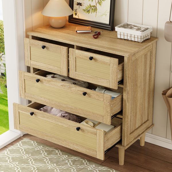 Kommode 4 Schubladen, PE-Rattan-Design mit Massivholzbeinen, natur,Holzfarbe, 80 x 40 x 80 cm
