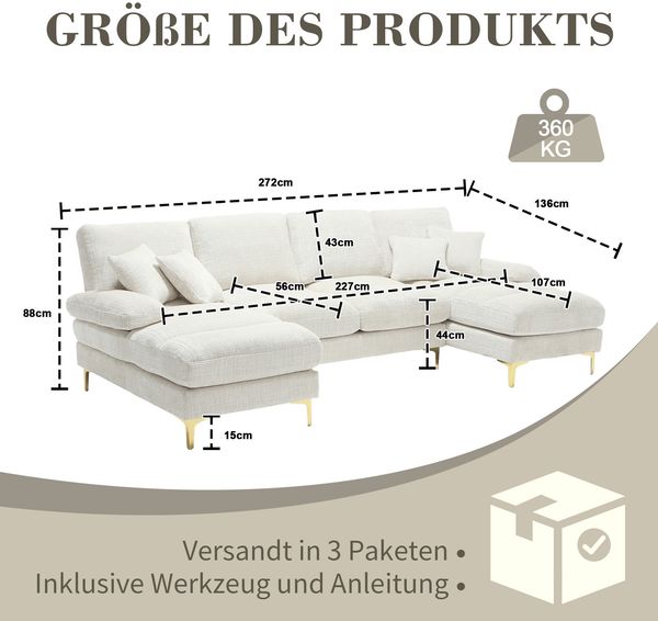 LVHOM Loungesofa 272x136x88 cm, 4-6 Personen, 6-Sitzer Chenille U-Shape Sektionssofa/Modulares Sofaset/Schlafsofa/Ecksofa/Relaxliege Bild 2